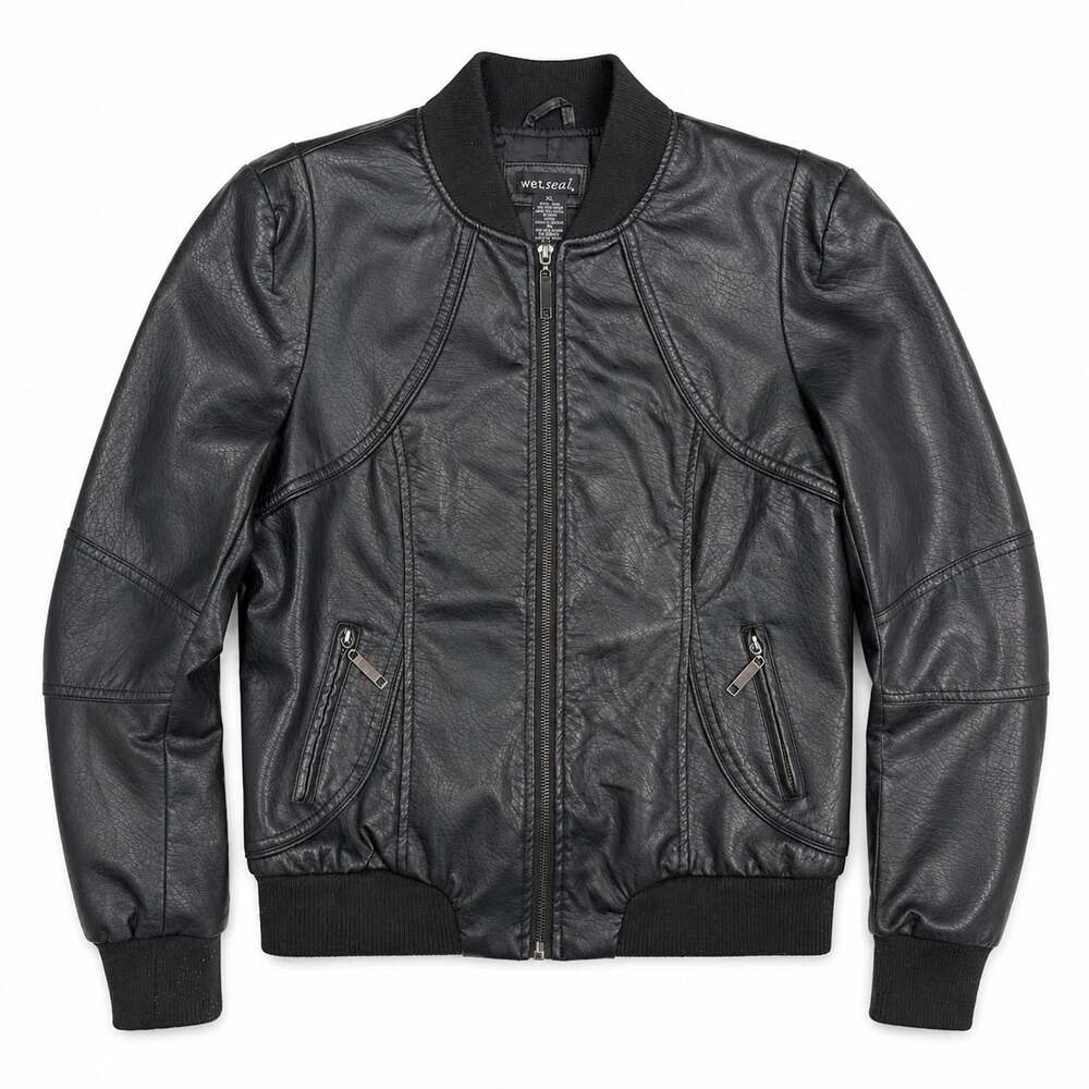 Wet Seal Black Faux Leather Bomber Jacket Size XL